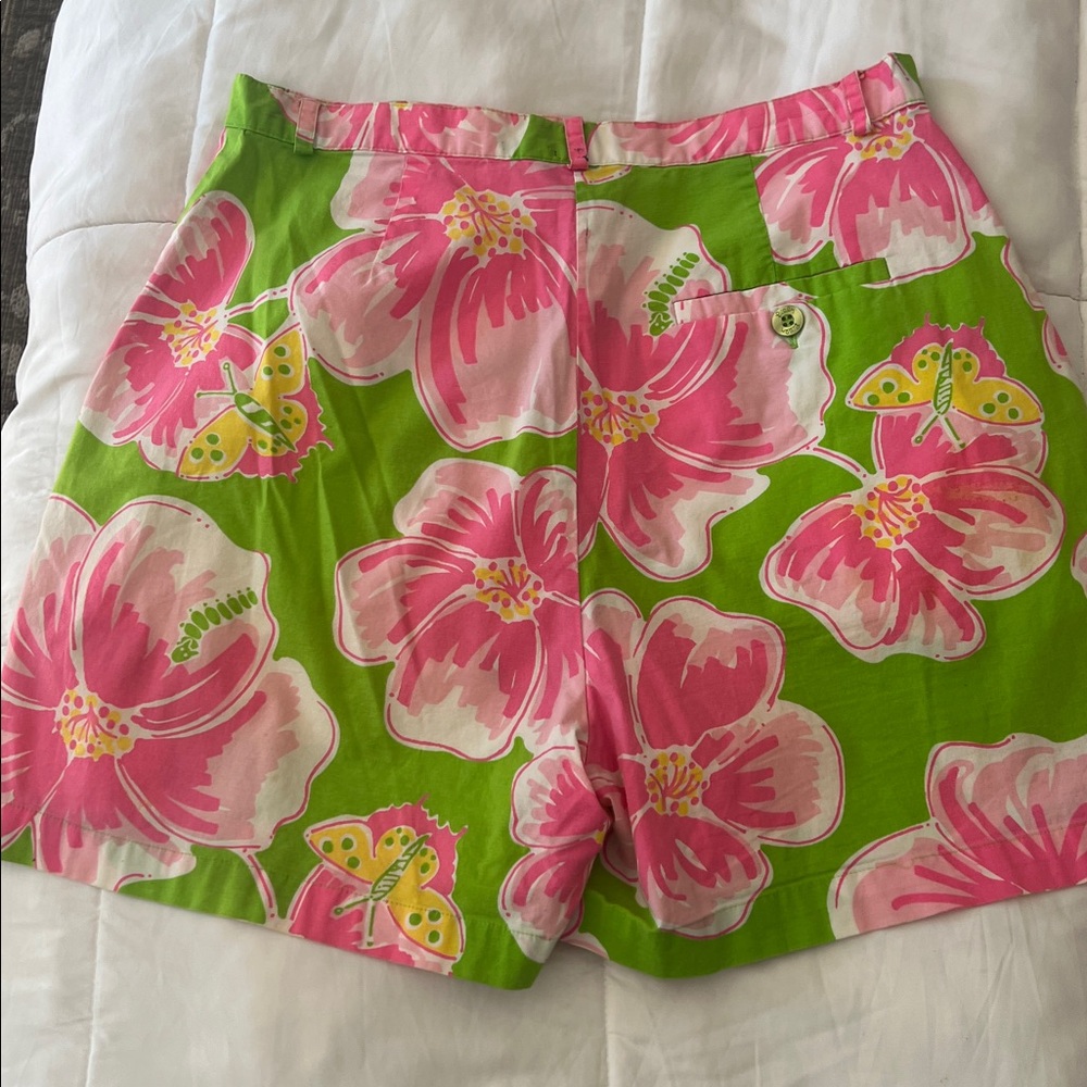 Vintage Lilly Pulitzer Dragonfly Cotton Tropical Green Pink Floral Shorts Size 8 - Picture 3 of 3